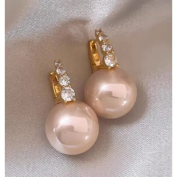 2/$24 Gold-Plated Faux Delicate Pink Pearl Drop Earrings With Rhinestone Detail - Picture 3 of 5